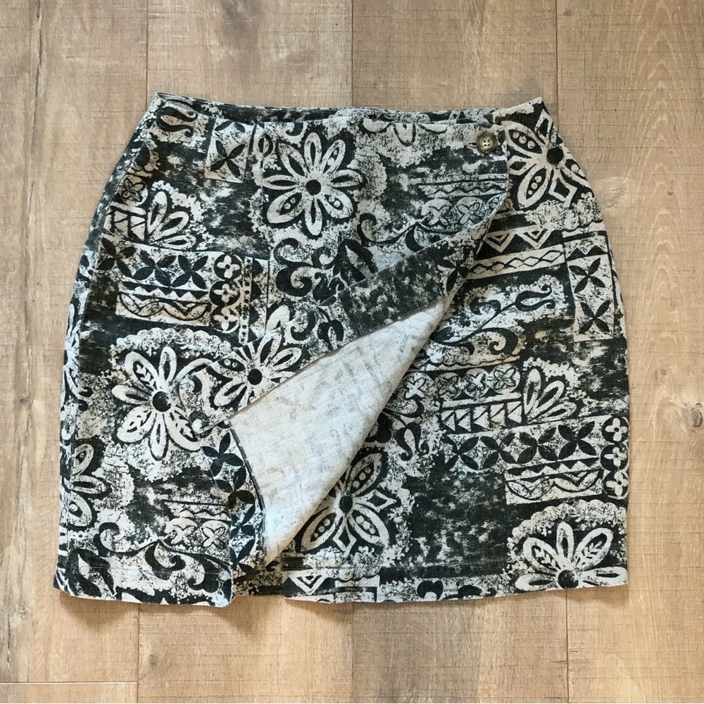 Vintage 90s Ann Taylor 100% Linen Mini Skirt Tropical Dark Green Print Size 8